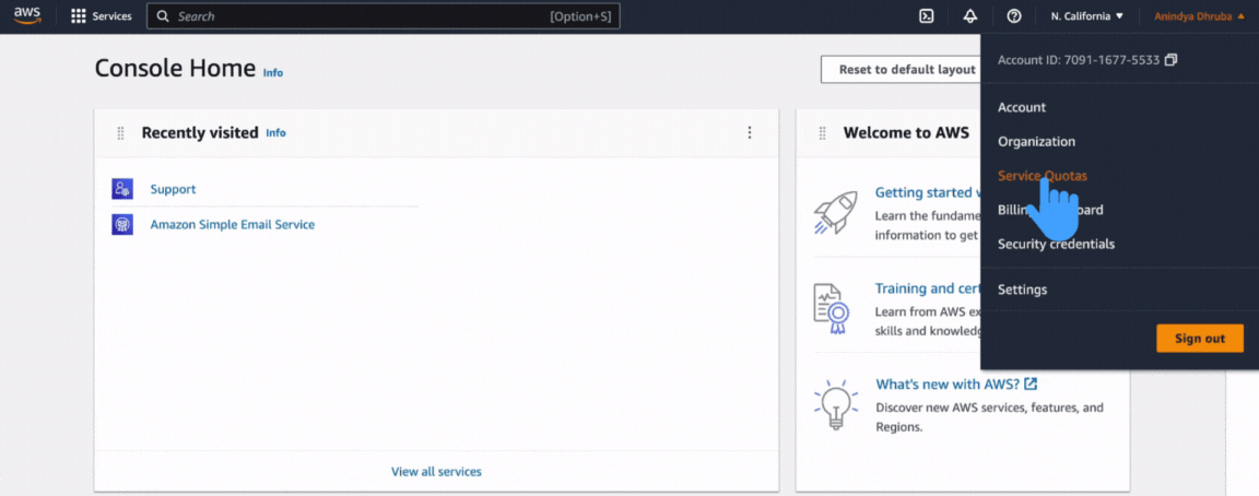 Finding the user name and clicking on the "Service Quotas."