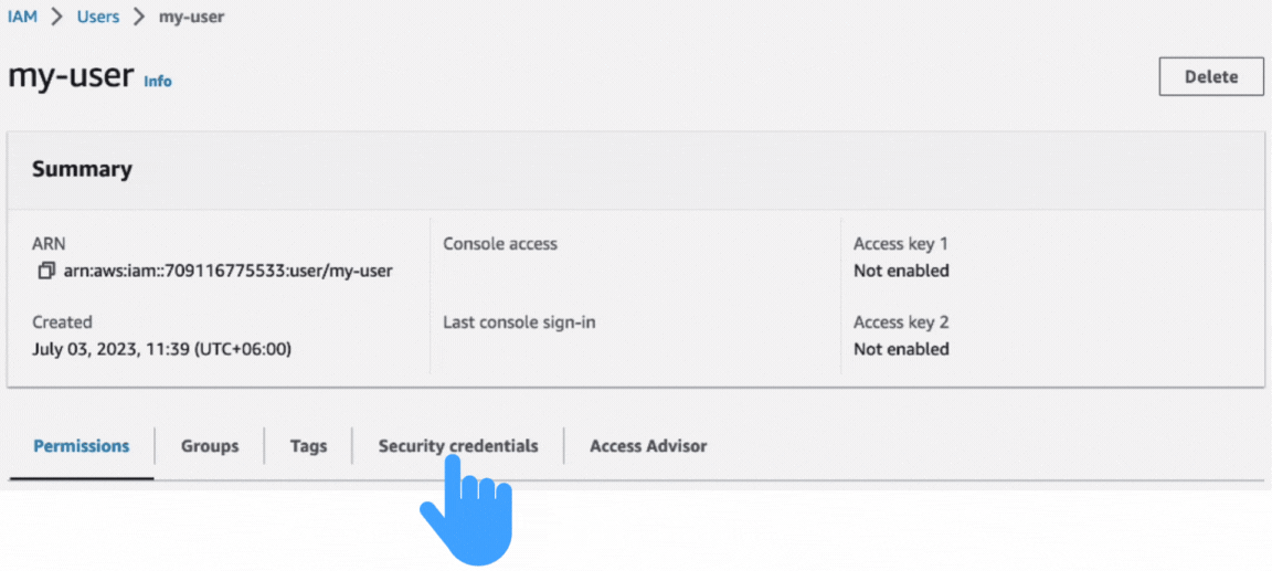 Clicking on the “Security credentials” from your new user's section below.
