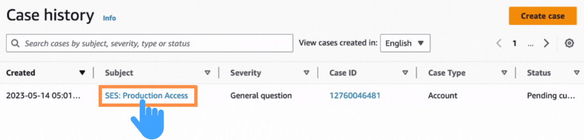 Finding the section named "case history' and clicking on the "SES: production access."