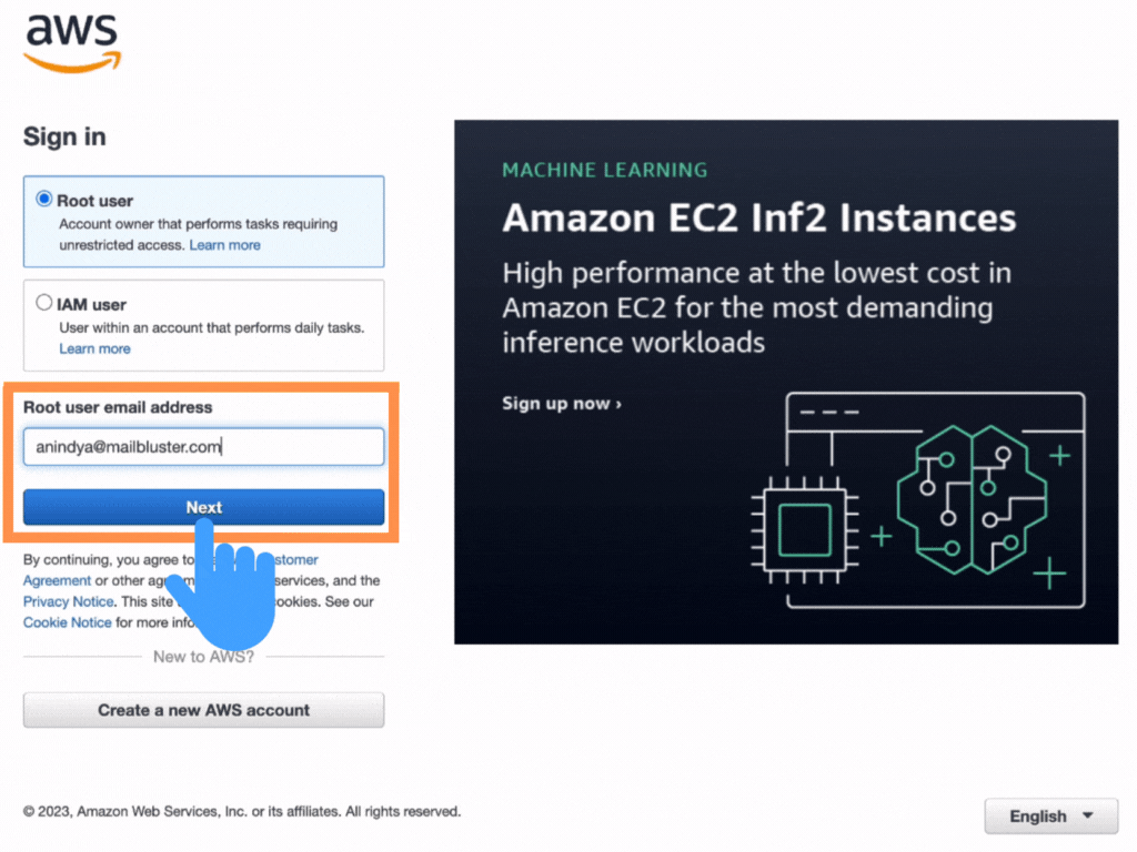 Choose 'root user' and then insert email.