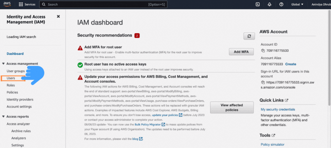 Clicking on the 'users' section on the left side of the page.