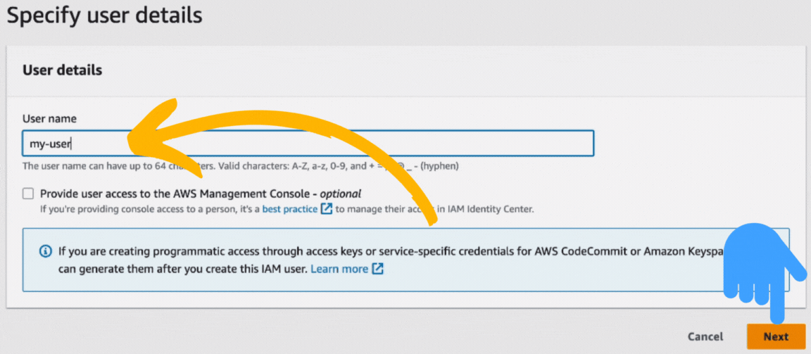 Inserting the desired “user name” and then click on the “Next” button.