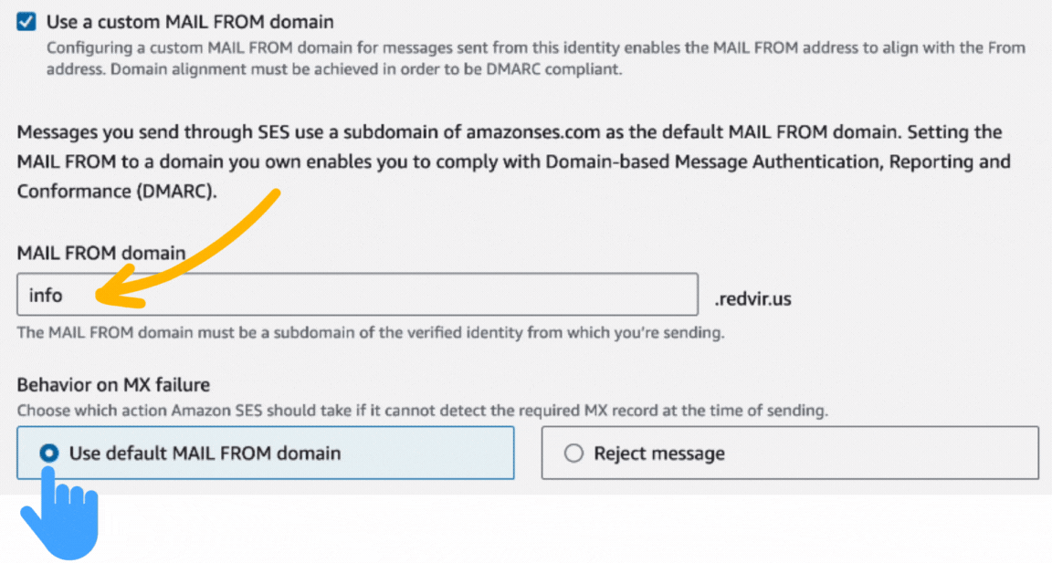 In 'mail from domain' insert username.