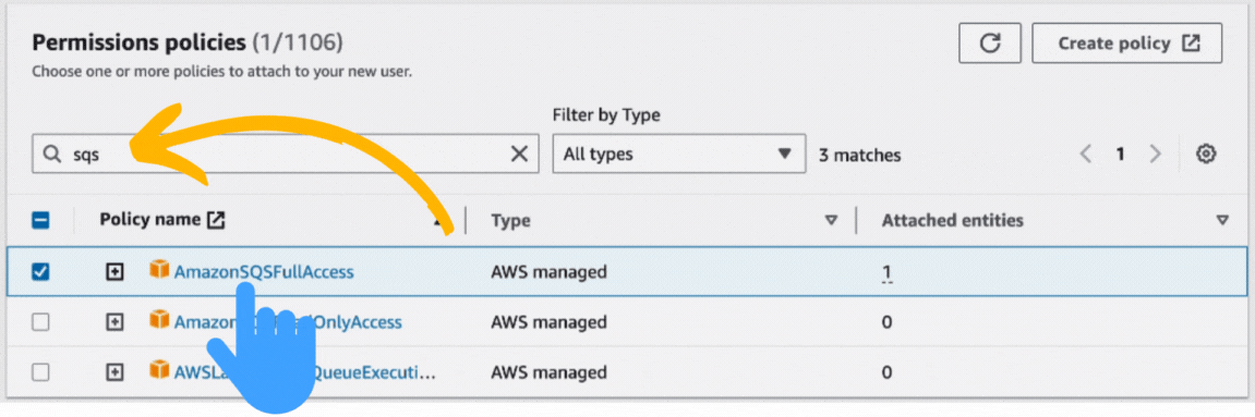 Typing “sqs,” and then click on the AmazonSQSFullAccess.
