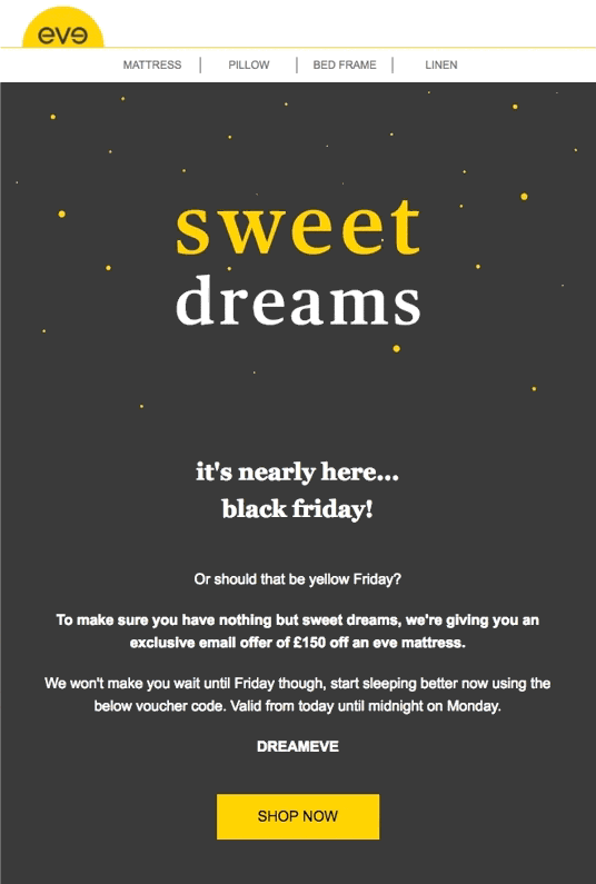Black Friday teaser email from eve sleep.