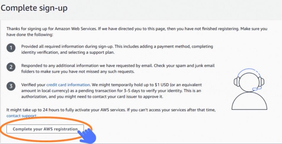 AWS complete sign up page