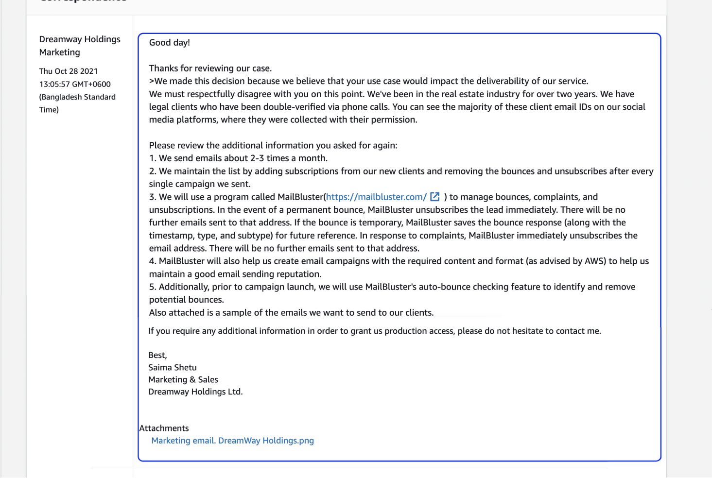 Amazon case reply email.
