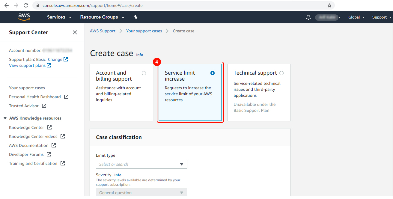 After clicking "create case' you have to click 'service limit increase.'