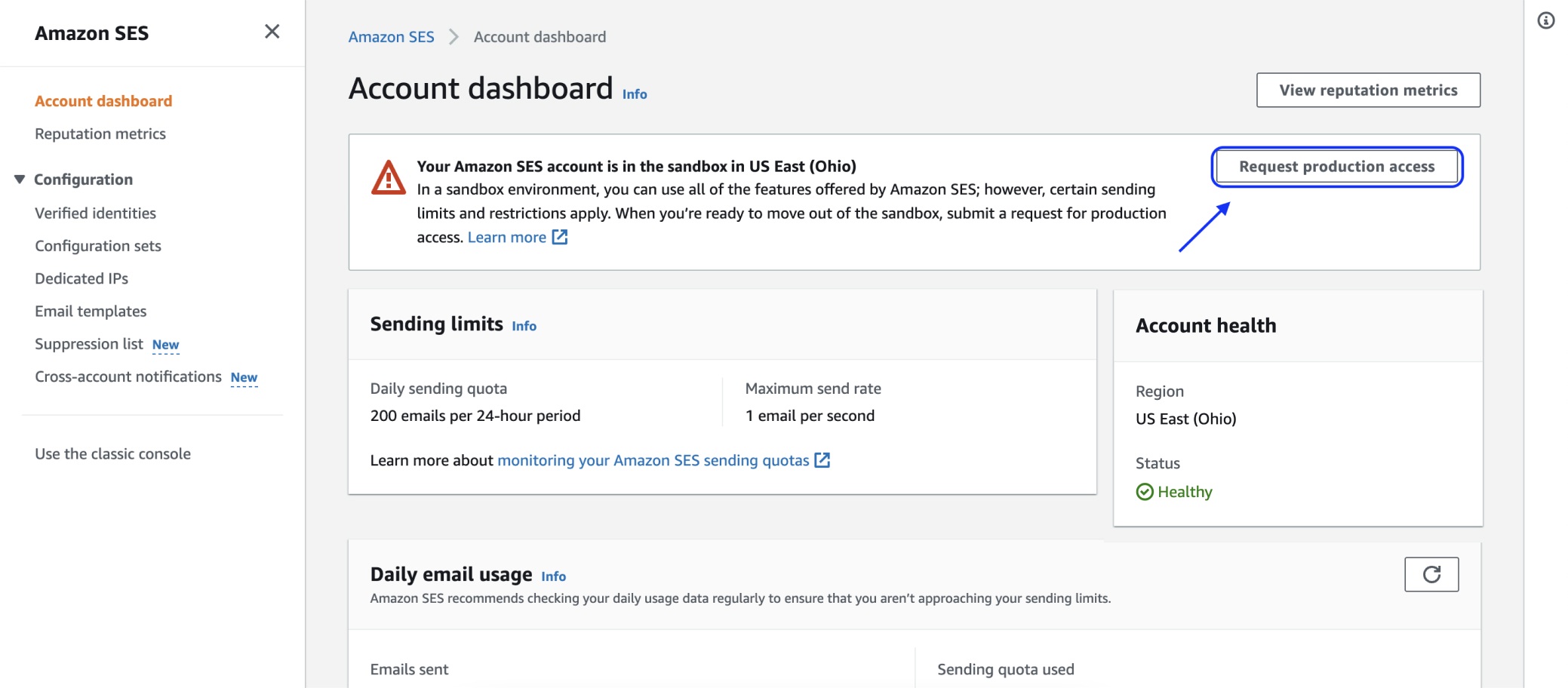 Request production access on account dashboard.