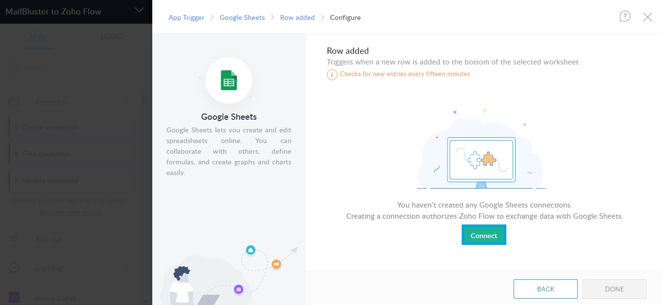 Google Sheets Row added and connection window