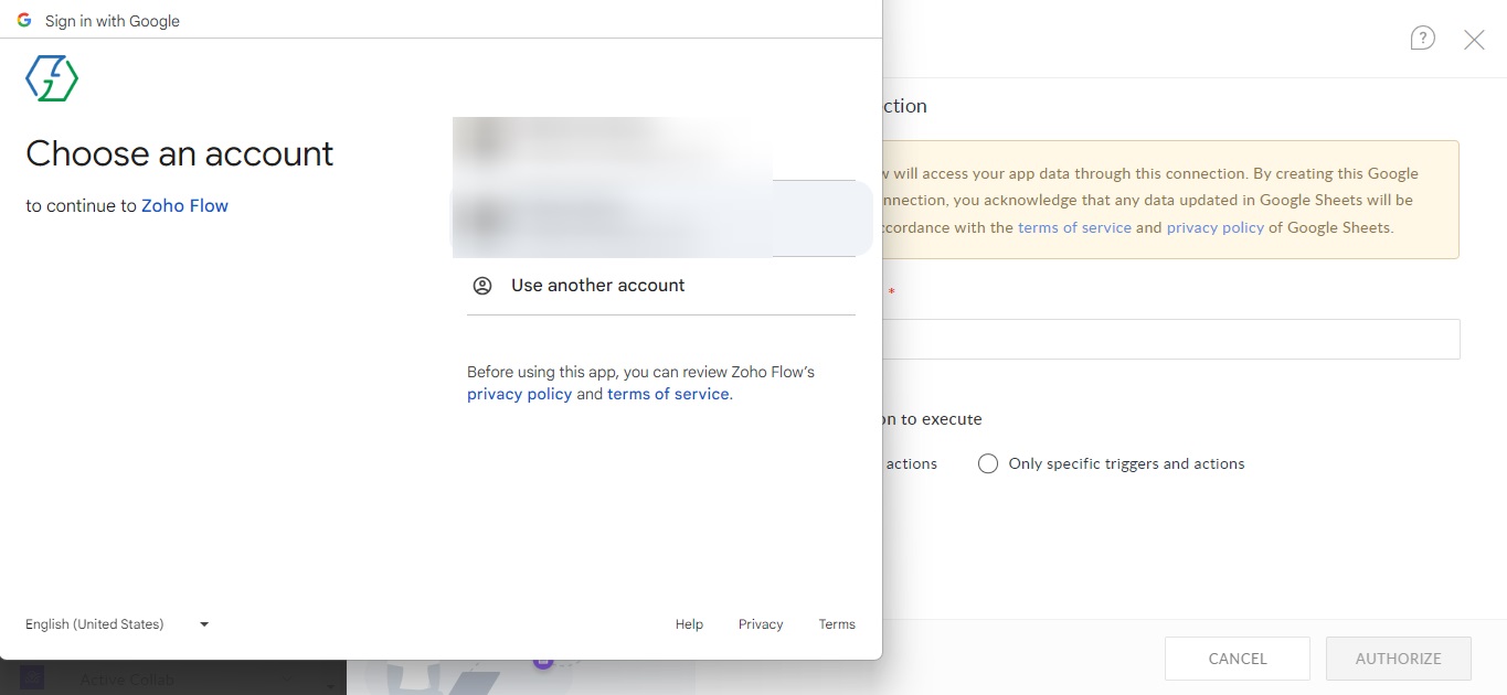 pop-up window for Google account login