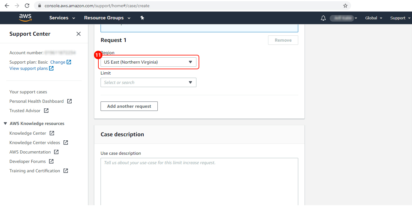 Select US East (Northern Virginia).