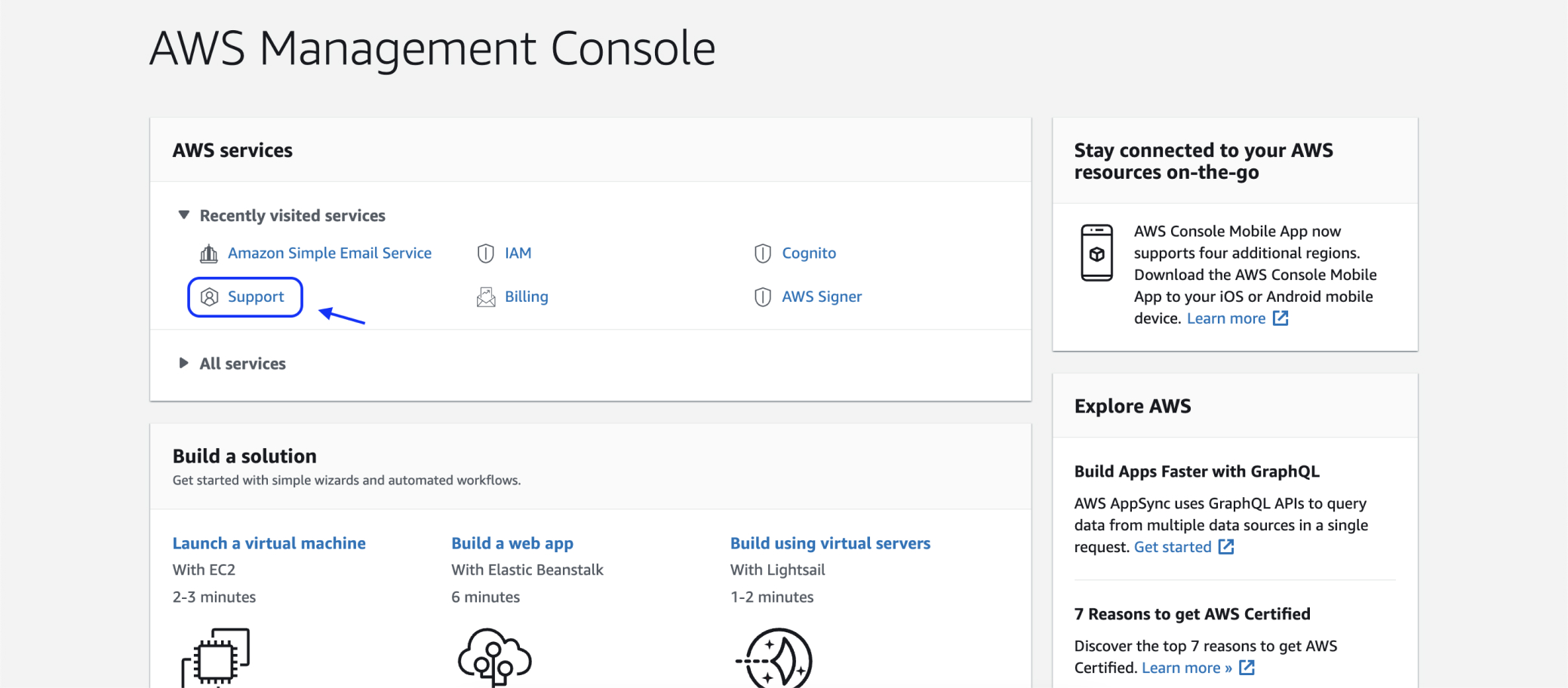 Choose support from AWS management console.