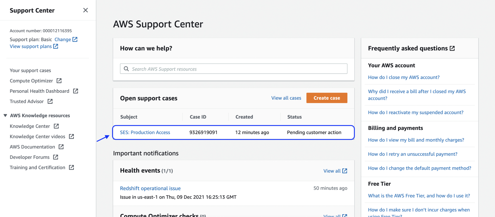 Choose SES production access from AWS Support Center.