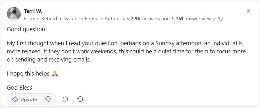 Quora questionnaire-answer regarding email sending time on Sunday