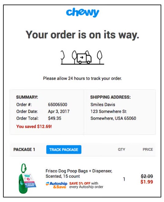 Automated email template example for shipping email.