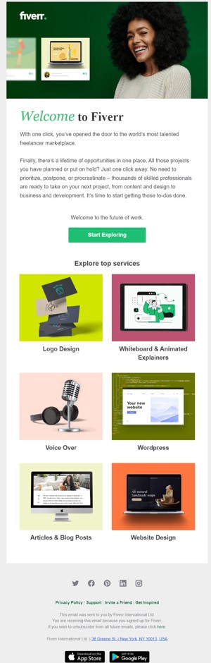 Automated email template example for welcome email from Fiverr.