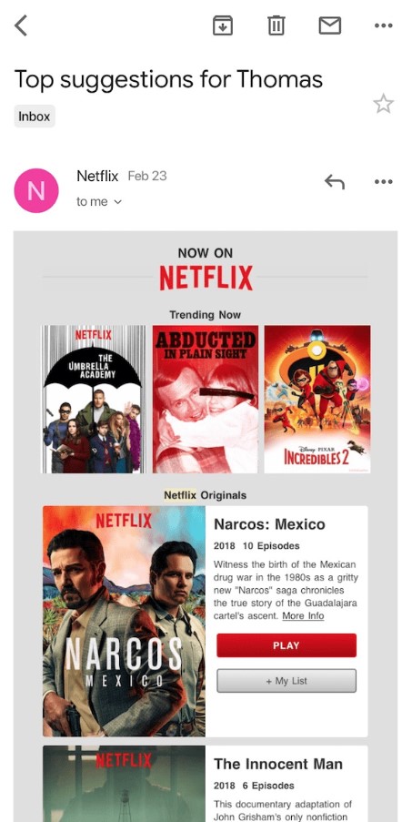 Automated email template example of product recommendation email.