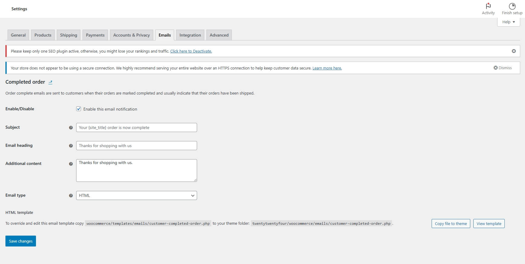 WooCommerce email automation is used for the complete order option