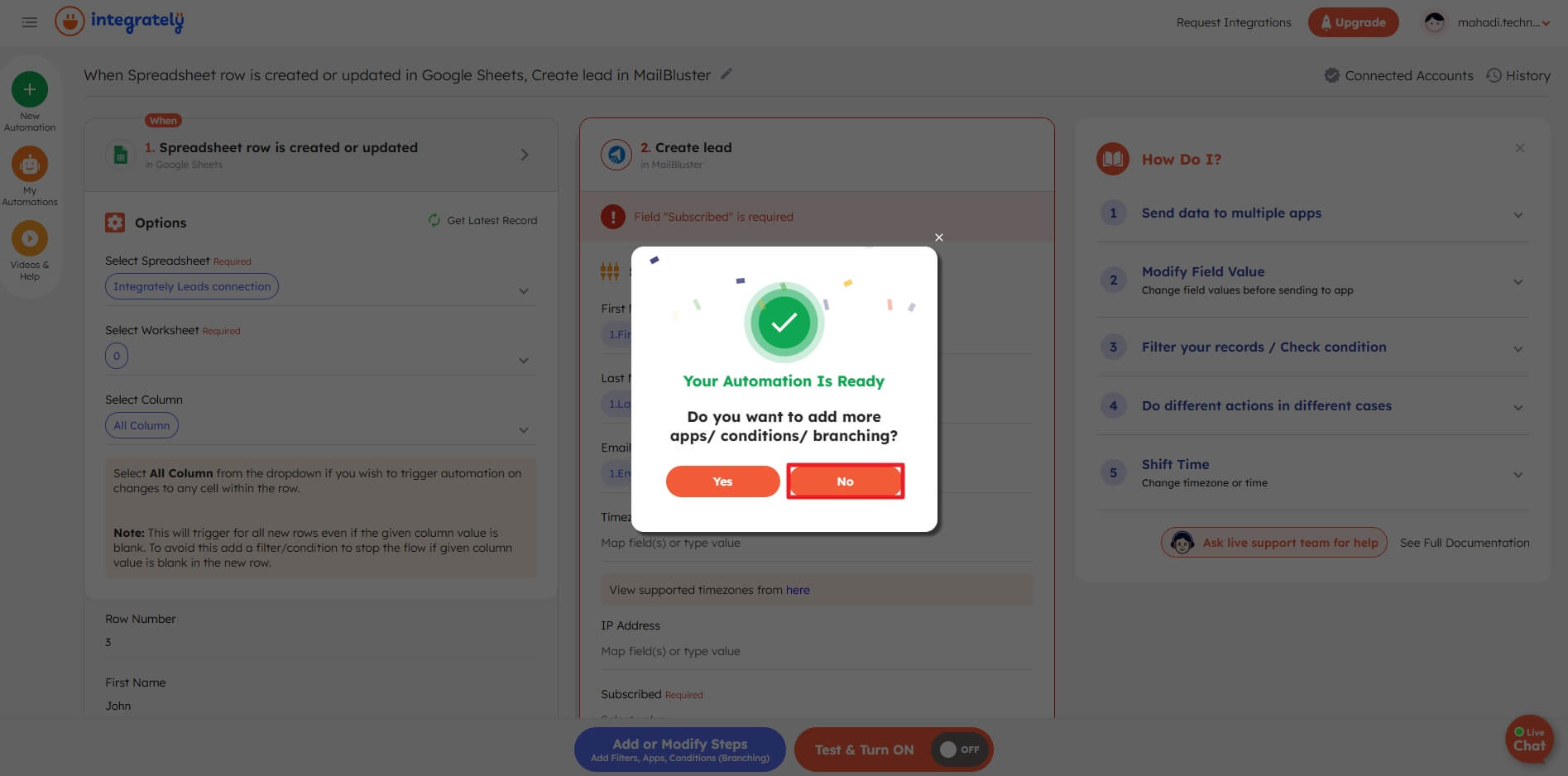 Automation ready dialog box