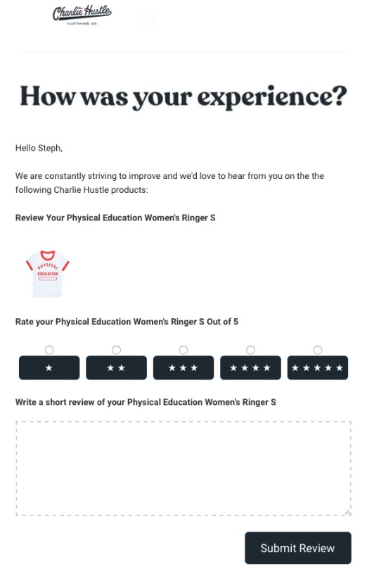 Customer journey email example review request email for the advocacy stage