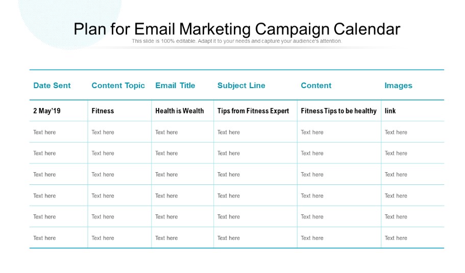 Email content calendar example from SlideTeam