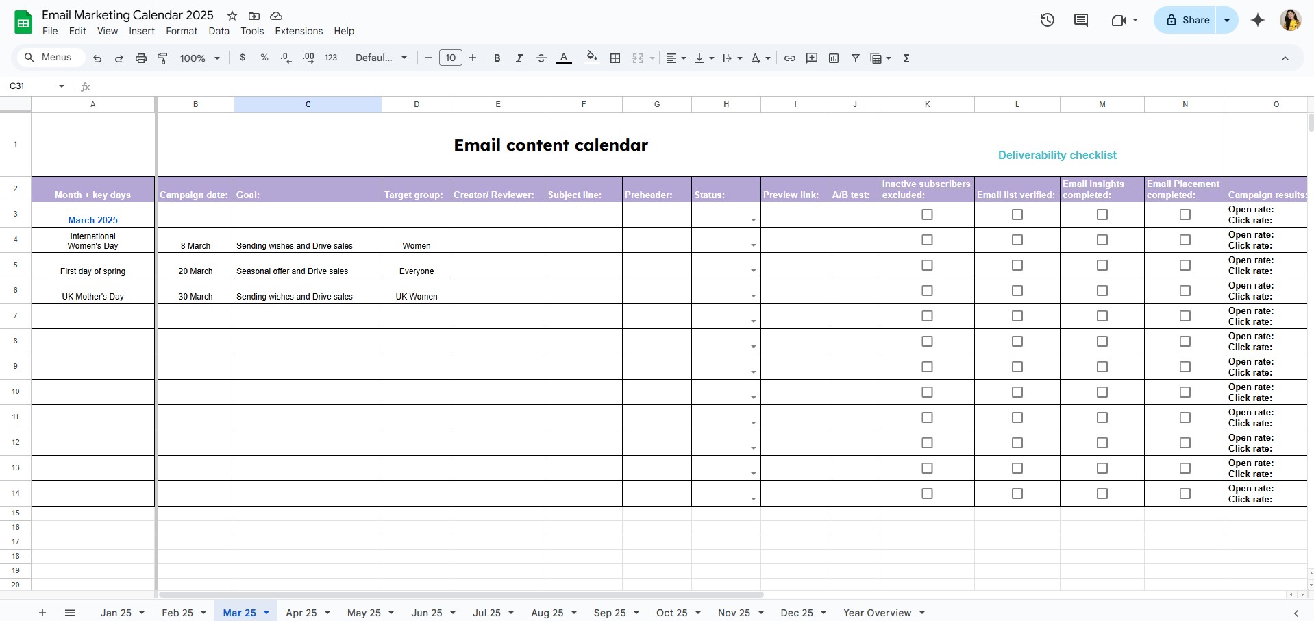 Email content calendar template google sheets example