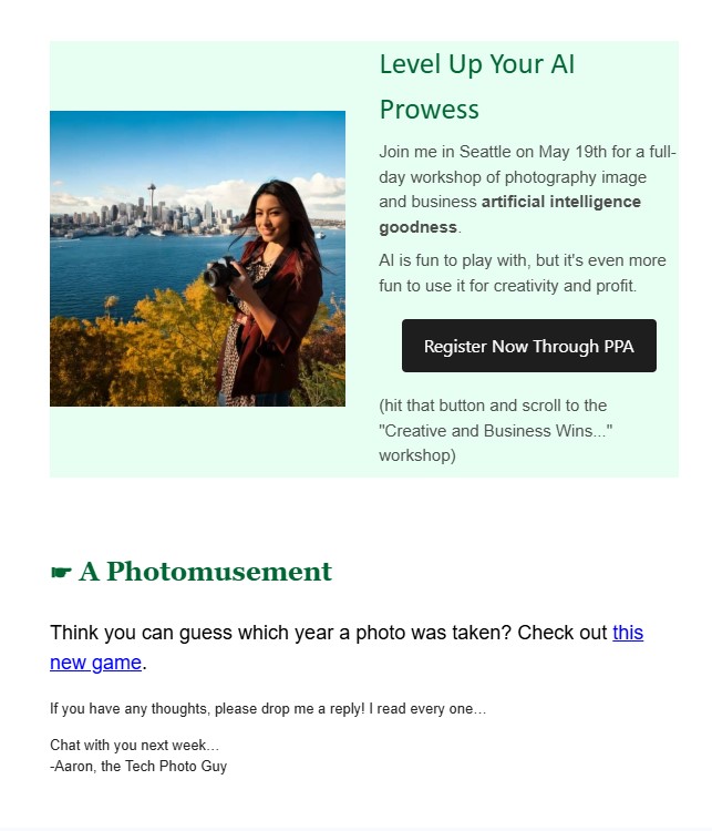 Email Marketing for Photographers Email photography example from the Tech Photo Guy