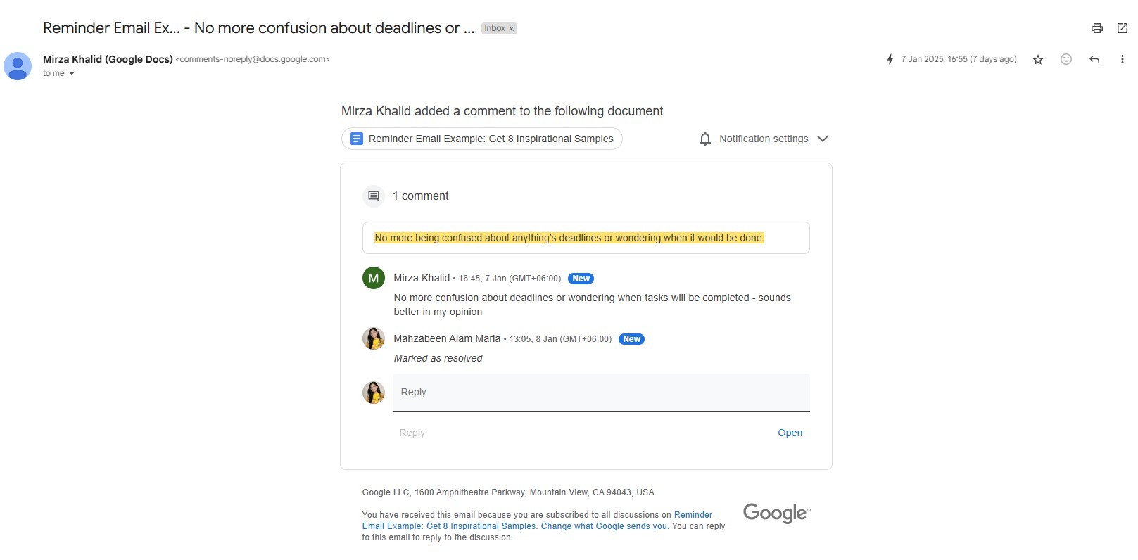 Gmail dynamic email for Google Doc comment notification