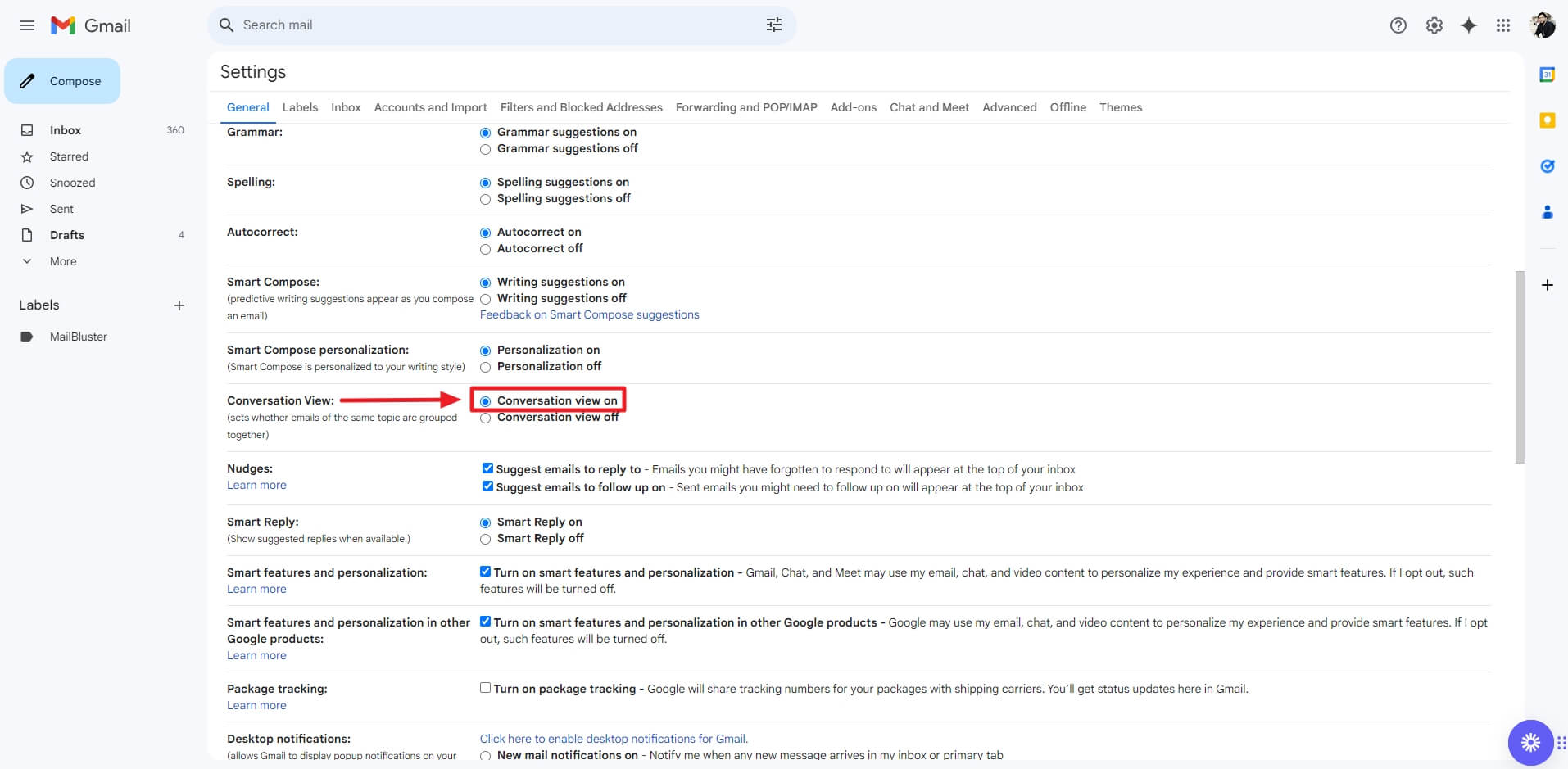 Enabling Gmail thread in settings