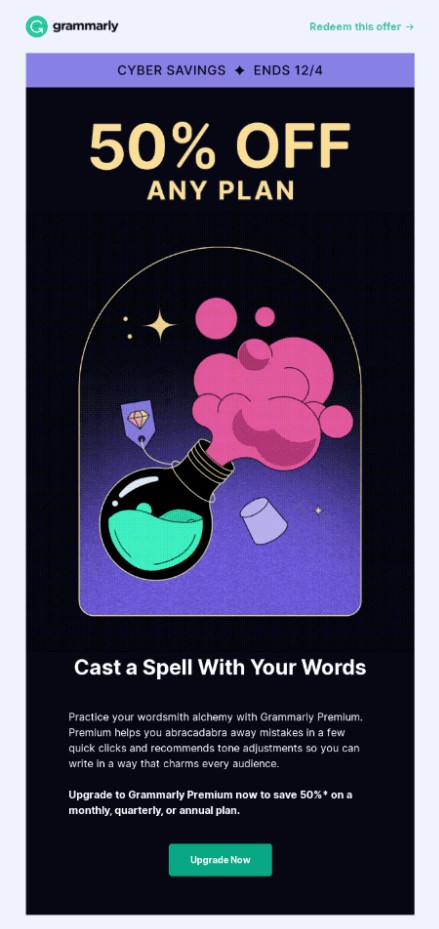 Grammarly Cyber Monday savings email example.