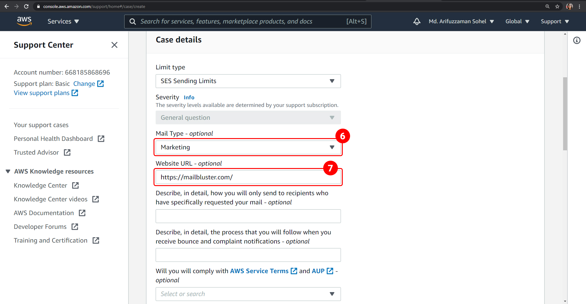 After clicking 'service limit increase; now choose mail type and website URL.