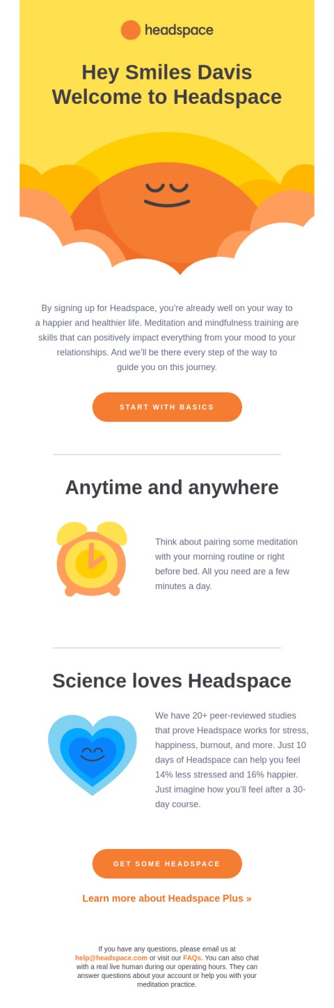 Headspace welcome email example.