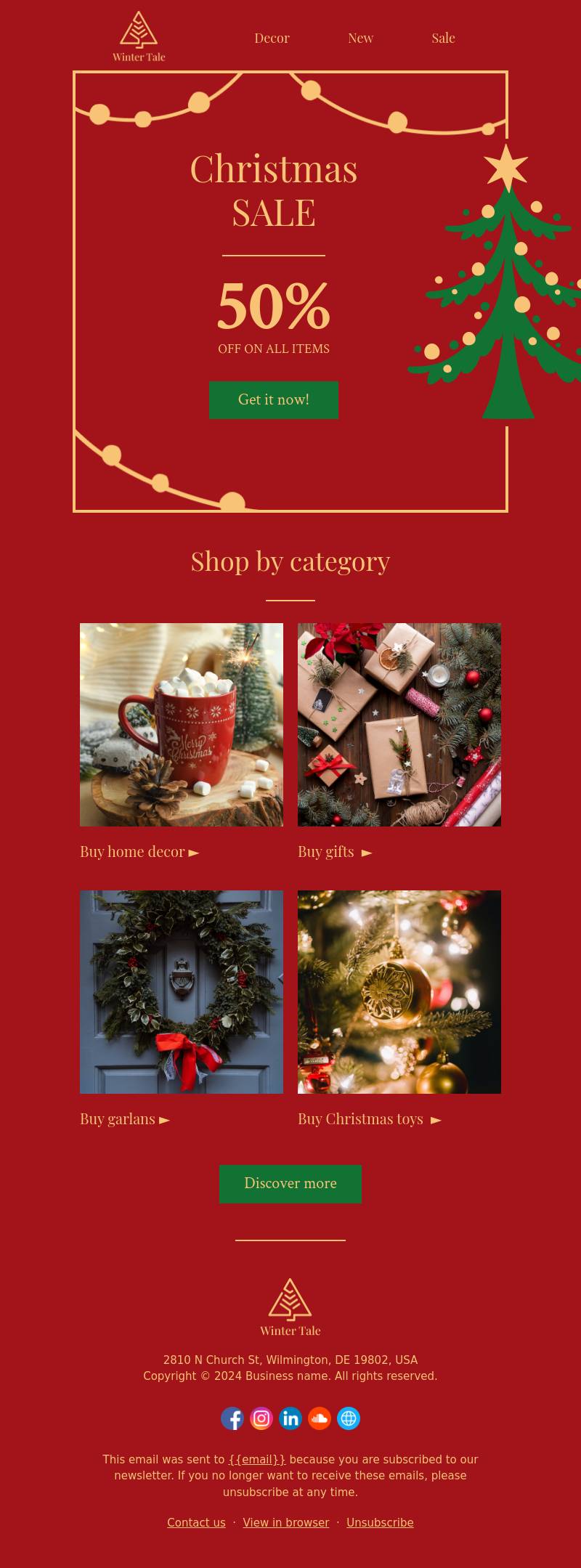 Holiday email template Christmas sale on Home decor and gift items.
