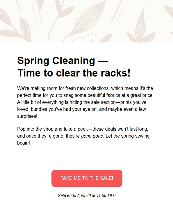Limited-time offer email CTA example from Stiches N Giggles