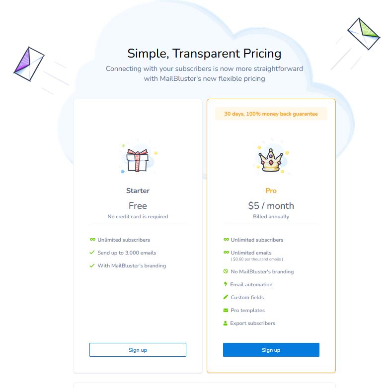 MailBluster Starter and Pro Pricing plan