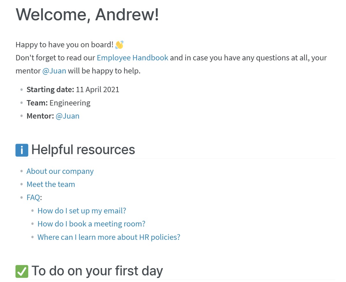 New employee welcome email example.