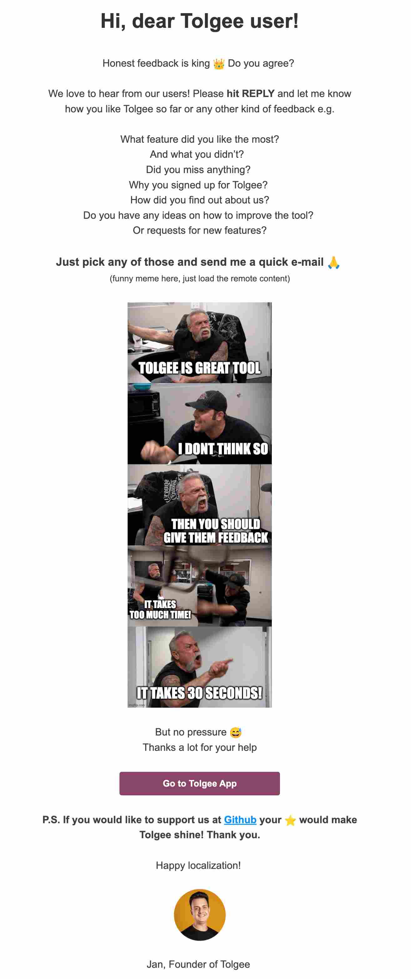 Post purchase email example of Retention email from Tolgee