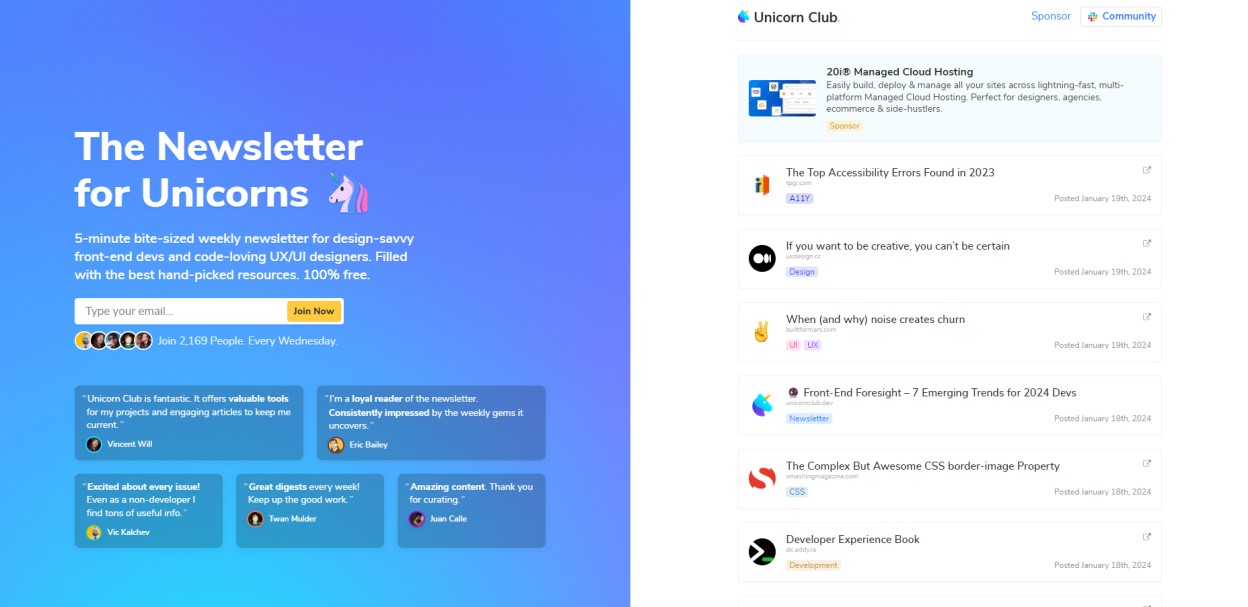 Unicorn club's Newsletter sign up landing page.