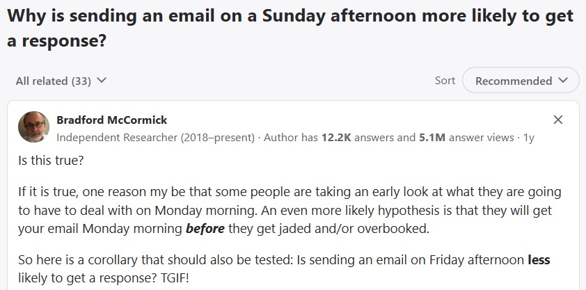 Quora questionnaire regarding email sending time on Sunday