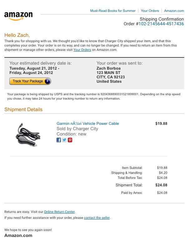 Post-purchase email example: Shipping email from Amazon