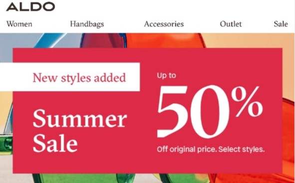Summer sale email banner from Aldo
