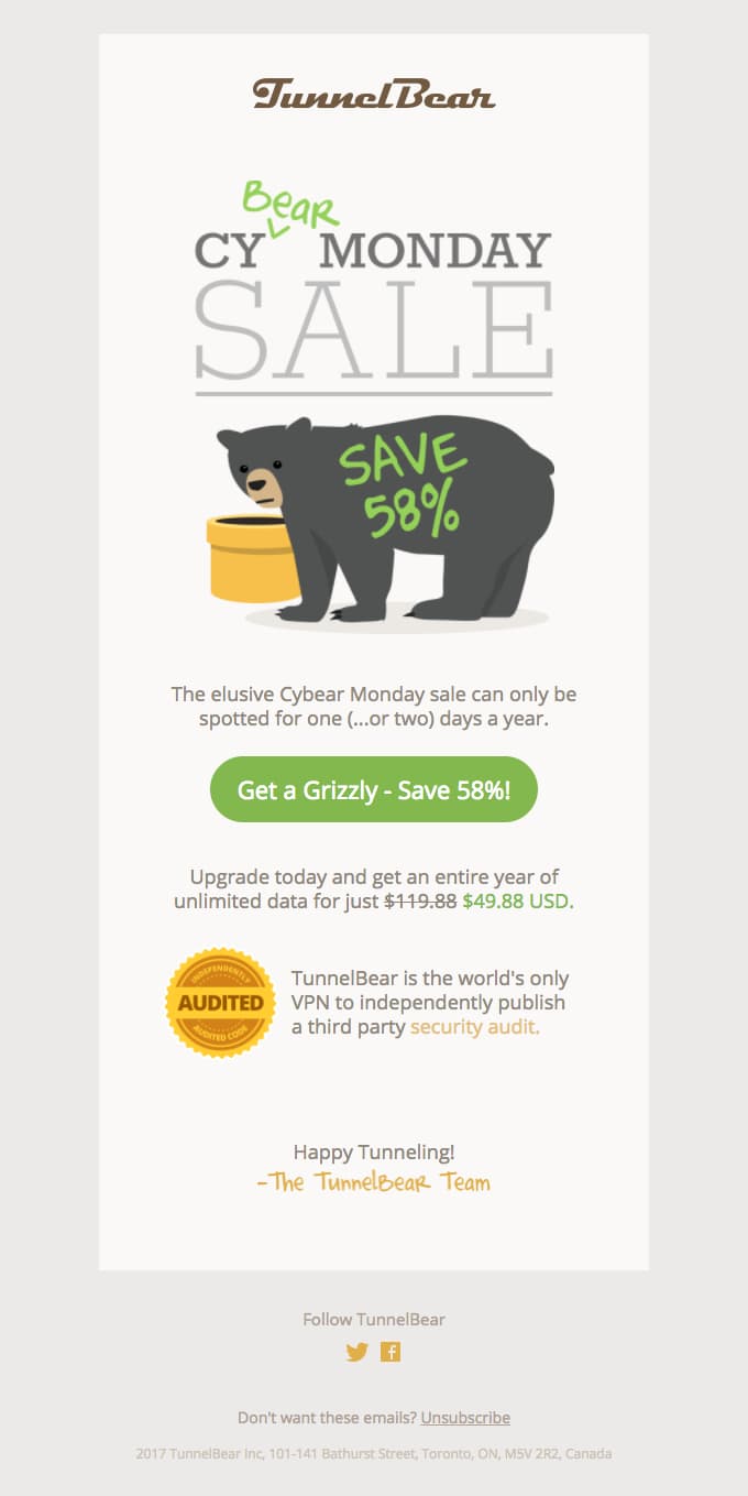 TunnelBear Cyber Monday sale email example.
