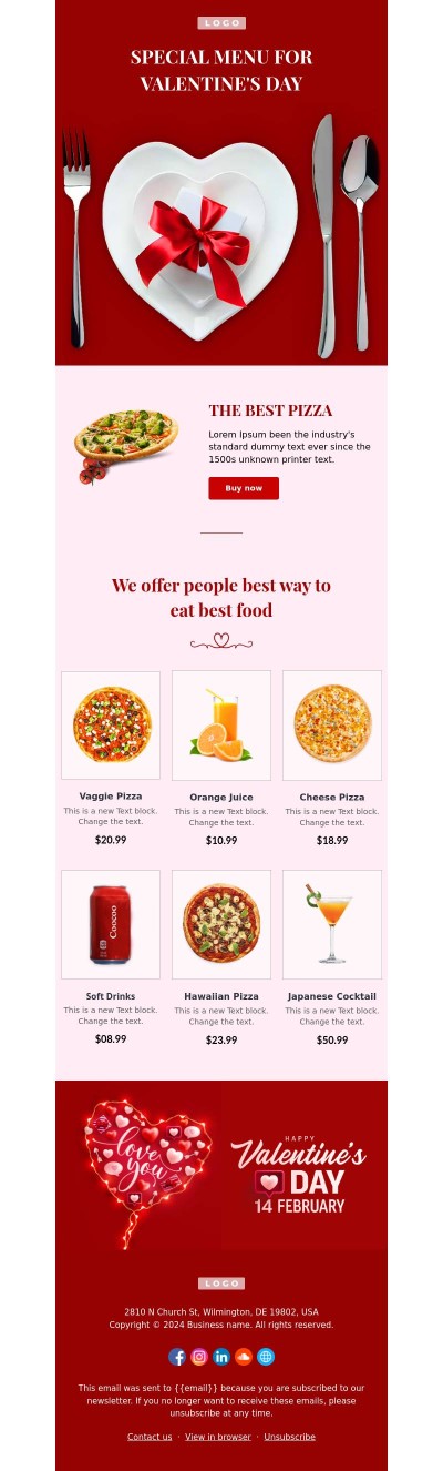Valentine’s Day email template for the restaurant businesses.