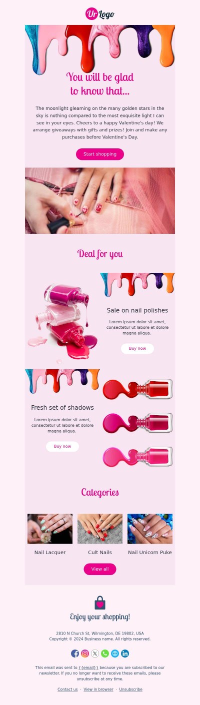 Valentine's day email template for cosmetic beauty brand.