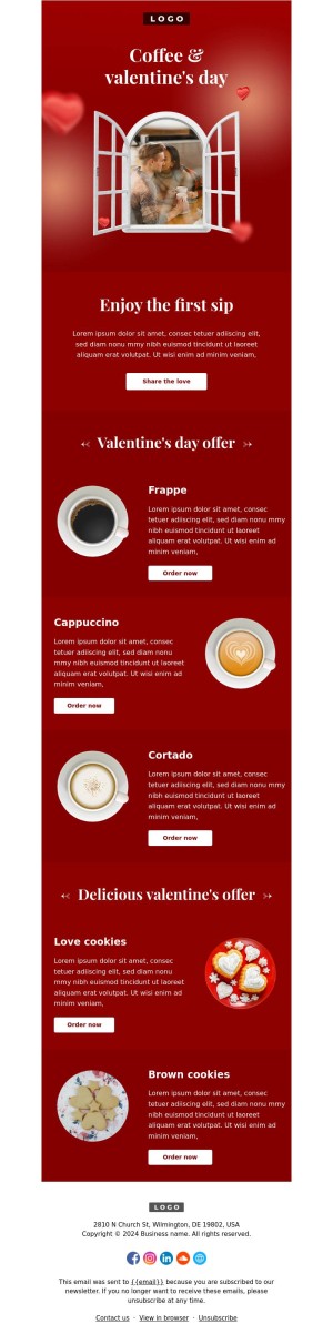 Valentine’s Day email template for cafe businesses.