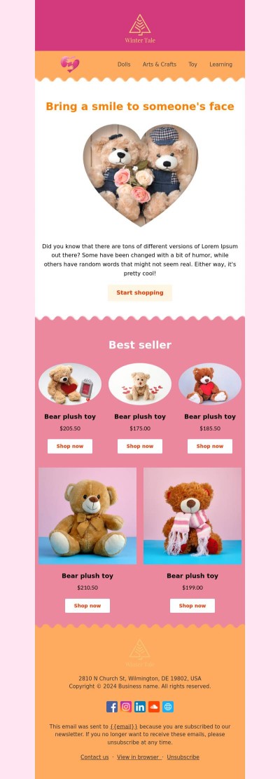 MailBluster’s Valentine’s Day email template for stuffed animal toy shops.