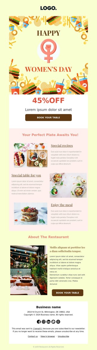 International Women’s Day email template for restaurant businesses.