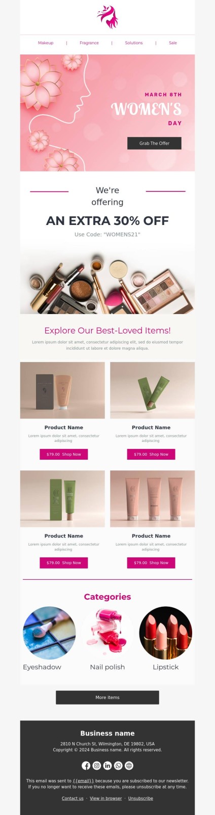 International Women’s Day email template for beauty brands.