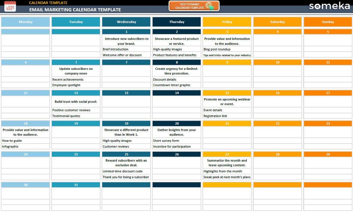 Weekly email marketing calendar template from Someka